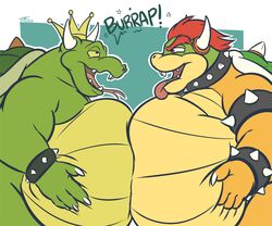  2021 2_horns 4_fingers 6:5 anthro armband belly belly_scales belly_to_belly big_belly black_eyebrows black_eyes bowser bracelet burping claws collar crown digital_media_(artwork) donkey_kong_(series) duo eyebrows finger_claws fingers flat_colors forked_tongue green_body green_scales hair hand_on_belly headgear holding_belly horn jewelry king king_koopa koopa male mario_bros multicolored_body multicolored_scales narrowed_eyes nintendo nude obese obese_anthro obese_male open_mouth open_smile overweight overweight_anthro overweight_male pink_tongue red_eyebrows red_eyes red_hair reptile royalty scales scalie shell smile sound_effects spiked_armband spiked_bracelet spiked_collar spiked_shell spikes spikes_(anatomy) tan_body tan_scales tanio tongue tongue_out white_claws yellow_body yellow_scales yellow_sclera 