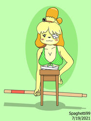  1_eye 2021 amputee animal_crossing anthro bandage bell bikini bikini_top blonde_hair blush breasts canid canine canis clothing disability domestic_dog female hair hi_res isabelle_(animal_crossing) legless mammal nintendo pole smile solo spaghetti99 swimwear vaulting yellow_body 