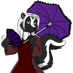  1:1 alternative_fashion anthro blue_eyes clothing fanning foxyruby fur goth gothic_lolita hand_fan j-fashion lolita_(fashion) mammal mephitid motion_lines red_clothing skunk smile solo strolling tail tail_motion tailwag telegram_sticker twillight_(twillightskunk) umbrella victorian_goth 