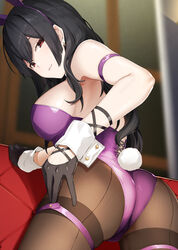  adjusting_strap animal_ears arm_strap armpits ass bare_shoulders black_gloves black_hair blurry breasts brown_pantyhose depth_of_field earrings fake_animal_ears fake_tail female from_behind gloves hairband highres jewelry large_breasts leotard long_hair looking_at_viewer looking_back meth_(emethmeth) original pantyhose playboy_bunny purple_hairband purple_leotard rabbit_ears rabbit_tail red_eyes smile solo strapless strapless_leotard tail thigh_strap thighband_pantyhose wrist_cuffs 