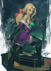  artist_name ass black_footwear black_gloves blonde_hair boots bow breasts castlevania_(series) castlevania_legends chuck_pires coffin commentary covered_nipples english_commentary eyes_visible_through_hair female gloves hairbow high_heel_boots high_heels looking_at_viewer looking_back medium_breasts off_shoulder parted_lips solo sonia_belmont thigh_boots thighhighs tombstone twitter_username whip zettai_ryouiki 