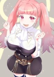  :d ascot belt breasts breasts_squeezed_together buttons commentary_request double-breasted eyelashes female fire_emblem fire_emblem:_three_houses garreg_mach_monastery_uniform hilda_valentine_goneril large_breasts long_hair looking_at_viewer open_mouth pink_eyes pink_hair shibaame skirt smile solo thighhighs twintails white_ascot zettai_ryouiki 