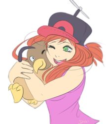  ambiguous_gender avian beak bird brown_body brown_feathers caroline_(pokemon_clover) clothing duo fakemon feathers female green_eyes hair hat headgear headwear hug human keksandra mammal one_eye_closed pokemon_clover red_hair smile unknown_artist wink 