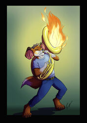  absurd_res allan_caos anthro bottomwear brass_instrument breath_powers canid canine claws closed_eyes clothed clothing elemental_manipulation elephant elephantid fire fire_breathing fire_manipulation fox fur hat headgear headwear hi_res hybrid male mammal musical_instrument pants paws pholidine porcupine pose proboscidean rodent shirt simple_background solo sousaphone topwear tripwire_(character) tusks wind_instrument 