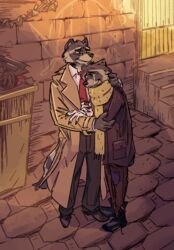  absurd_res alley bodily_fluids clothing coat digital_media_(artwork) duo hi_res howard_lotor hug jackiry larry_(tails_noir) male male/male mammal patchwork_clothing procyonid raccoon scarf tails_noir tears topwear trash trenchcoat 