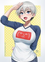  :d blue_eyes blush breasts bright_pupils commentary ear_blush emoticon female grey_hair hair_between_eyes large_breasts lenny_face md5_mismatch oerba_yun_fang open_mouth polka_dot polka_dot_background salute sciamano240 short_hair smile solo standing sugoi_dekai uzaki-chan_wa_asobitai! uzaki_hana 