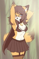  anthro bottomwear bra canid canine cloak clothed clothing eyewear female fox glasses hands_behind_head hi_res jewelry legwear mammal midriff miniskirt nayel-ie pendant red_fox ruffled_skirt skirt solo stockings true_fox underwear 