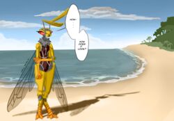  antennae_(anatomy) anthro arthropod beach clothing cloud colrin_(artist) day dialogue english_text female hara_(colrin) hi_res hymenopteran insects mandibles neck_tuft one-piece_swimsuit outside plant red_eyes seaside solo standing swimwear text tree tuft wasp water wings 