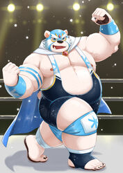  2021 absurd_res anthro aotoaka bear belly fighting_ring fur hi_res humanoid_hands inside kemono male mammal mask moobs nipples overweight overweight_male polar_bear solo ursine white_body white_fur wrestling_singlet 