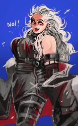  abs blush breasts dorohedoro earrings female formal gloves jewelry kaitennsiki large_breasts long_hair looking_at_viewer muscular muscular_female necktie noi_(dorohedoro) open_mouth red_eyes simple_background smile solo white_hair 