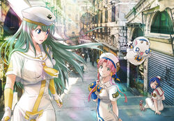  3girls aika_granzchesta alice_carroll aria_(manga) aria_company_uniform aria_pokoteng beret blouse blue_eyes blue_hair blush dress feline fingerless_gloves gloves green_eyes green_hair hat highres hime_granzchesta himeya_company_uniform lamppost light_rays long_dress long_hair mizunashi_akari multiple_girls open_mouth orange_planet_uniform outdoors photoshop_(medium) pink_hair pnhikaru president_maa road sailor_collar shirt short_hair short_sleeves sidelocks single_glove smile stairs street sunbeam sunlight uniform white_dress white_shirt 