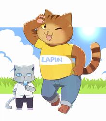  2018 anthro bottomwear clothing cloud detailed_background domestic_cat duo felid feline felis food grey_body kemono kuehiko_roshihara male mammal nikiciy one_eye_closed outside pants popsicle shirt sun tapio_chatarozawa text text_on_clothing text_on_shirt text_on_topwear topwear working_buddies! 