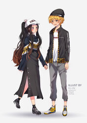  1boy :d :o absurdres agatsuma_zenitsu alternate_costume artist_name black_footwear black_hair black_headwear black_jacket black_skirt blonde_hair blush brown_eyes brown_hair contemporary english_text eye_contact female gradient_hair highres holding_hands jacket kamado_nezuko kimetsu_no_yaiba ku-ini long_hair long_skirt looking_at_another multicolored_hair oerba_yun_fang open_clothes open_jacket open_mouth ponytail purple_eyes shirt shoes skirt smile sneakers very_long_hair white_background white_headwear white_shirt 