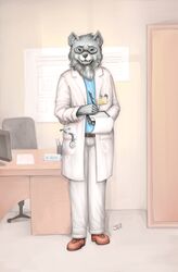  2019 absurd_res anthro belt black_nose bottomwear canid canine canis chair clipboard clothed clothing coat digital_media_(artwork) doctor doctor&#039;s_office dual_holding electronics eyewear fingers fluffy front_view full-length_portrait fur furniture glasses grey_body grey_fur hair hi_res holding_clipboard holding_object holding_pen holding_writing_utensil inside lab_coat long_fur looking_at_viewer male mammal medical_instrument monitor name_tag open_mouth pants pen portrait scientific_instrument smile solo standing stethoscope table teeth text topwear tuft twymouse viss_valdyr wolf writing_utensil 