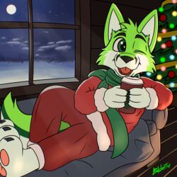  1:1 absurd_res anthro bed beverage black_nose blakefox canid canine christmas christmas_clothing christmas_lights christmas_tree clothed clothing cloud container cup digital_media_(artwork) fidget_the_fox fox full_moon fur furniture green_body green_eyes green_fur hair hi_res holidays light male mammal moon ornament pawpads pink_pawpads plant red_tongue scarf signature smile snow solo tongue tree white_body white_fur window 