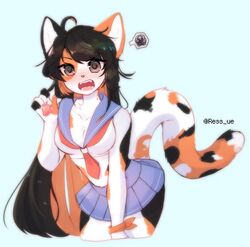  5_fingers adolescent anthro aru_(ressue) asian_clothing black_body black_fur black_hair blush blush_lines bottomwear breasts calico_cat claws cleavage clothed clothing crop_top digital_media_(artwork) domestic_cat east_asian_clothing fangs felid feline felis female female_anthro fingers fur grey_eyes hair hi_res japanese_clothing japanese_school_uniform kemono long_hair looking_at_viewer mammal markings medium_breasts mottled multicolored_body multicolored_fur multicolored_hair necktie open_mouth orange_body orange_fur orange_hair piebald ressue school_uniform serafuku shirt simple_background skirt solo speech_bubble spiral_eyes spots spotted_body spotted_fur teeth topwear two_tone_hair uniform white_background white_body white_fur wristband young young_anthro young_female 