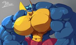  abs absurd_res amphibian anthro biceps big_muscles blue_body bottomwear bouncing_pecs clothing frog generation_6_pokemon greninja hi_res male muscular muscular_anthro muscular_male nintendo pecs pink_eyes pokemon pokemon_(species) scar shaded shorts solo unusualboo54 zen_(unusualboo54) 