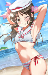  arm_behind_head armpits beach bikini blue_sky breasts brown_eyes brown_hair cloud commentary_request dated day dutch_angle female half_updo heart highres idolmaster idolmaster_cinderella_girls island jun_piro light_rays long_hair looking_at_viewer mismatched_bikini ocean one_eye_closed outdoors sailor_bikini sailor_collar side-tie_bikini_bottom signature sky small_breasts solo striped sunbeam sunlight swimsuit tachibana_arisu tongue tongue_out white_bikini white_sailor_collar 