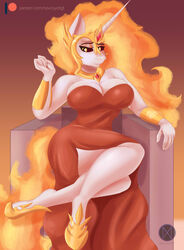  absurd_res anthro big_breasts breast_implants breasts chair cleavage clothed clothing conditional_dnp daybreaker_(mlp) dress equid equine female fire flaming_hair flaming_tail friendship_is_magic furniture hasbro hi_res horn mammal my_little_pony mythological_creature mythological_equine mythology nexcoyotlgt pseudo_hair solo tail throne unicorn 