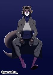  absurd_res anthro belt big_tail black_clothing boots breasts brown_body brown_fur brown_hair brown_tail clothing female footwear fur gamesfan gloves grey_clothing hair handwear hi_res mammal mustelid otter purple_clothing purple_eyes shaded signature sitting solo white_body white_fur 