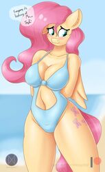  anthro beach big_breasts breasts cleavage clothed clothing conditional_dnp dialogue english_text equid equine feathered_wings feathers female fluttershy_(mlp) friendship_is_magic hasbro hi_res mammal my_little_pony mythological_creature mythological_equine mythology navel nexcoyotlgt one-piece_swimsuit pegasus seaside solo swimwear text v-cut wings 