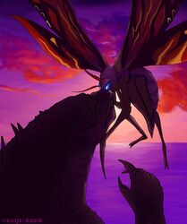  2021 absurd_res arthropod claws cloud digital_media_(artwork) duo flying godzilla godzilla_(series) hi_res insect_wings insects kaiju kaiju-krew lepidopteran moth mothra mothra_(series) sea sky sunset toho water wings 