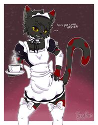  absurd_res anthro beverage bicolored_tail brown_eyes cheek_tuft clothing coffee coffee_cup container cup davyboi dialogue domestic_cat facial_tuft felid feline felis femboy fluffy_ears fur grey_body grey_fur hair hi_res legwear maid_collar maid_headdress maid_uniform male mammal multicolored_body multicolored_fur ribbons simple_background smug_face solo spread_legs spreading stockings text tuft two_tone_body two_tone_fur uniform 