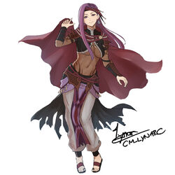  alternate_costume artist_name bodystocking breasts cape circlet cm_lynarc cosplay covered_navel deen_(fire_emblem_gaiden) deen_(fire_emblem_gaiden)_(cosplay) deen_(hatari)_(fire_emblem_gaiden) earrings female fire_emblem fire_emblem_echoes:_shadows_of_valentia fire_emblem_heroes jewelry large_breasts long_hair looking_at_viewer pants purple_eyes purple_hair sandals signature simple_background skin_tight smile solo sonya_(fire_emblem_gaiden) tiara white_background 