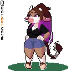  1:1 animated anthro batartcave black_clothing black_shirt black_t-shirt black_topwear boots bottomwear bouncing bovid bovine brown_eyes brown_hair cattle clothed clothing cowboy_boots digital_media_(artwork) female footwear fully_clothed hair long_hair mammal paintbrush_tail pink_hair pixel_(artwork) pixel_animation ponytail shirt short_playtime shorts solo t-shirt thick_thighs topwear 