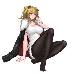  animal_ears arknights black_choker black_jacket black_pantyhose blonde_hair blush breasts candy chinese_commentary choker cleavage commentary_request female food full_body fur-trimmed_jacket fur-trimmed_shorts fur_trim highres holding holding_candy holding_food holding_lollipop jacket large_breasts leather leather_jacket lion_ears lion_girl lollipop long_hair looking_at_viewer no_shoes pantyhose parted_lips partial_commentary red_shorts short_shorts shorts siege_(arknights) simple_background sitting solo studded_choker tank_top two-sided_fabric two-sided_jacket white_background white_tank_top yeklsa 