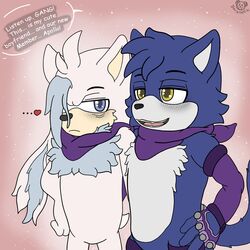  1:1 absurd_res anthro armwear bandana blue_body blue_eyes blue_fur blush canid canine canis chest_fur clothing darknetic duo english_text eulipotyphlan fluffy fur gloves handwear hedgehog hi_res kagen_the_wolf kerchief legwear male male/male mammal open_mouth sega sonic_the_hedgehog_(series) text white_body white_fur wolf yellow_body yellow_eyes yellow_fur 