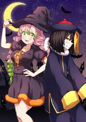  1boy :d absurdres bat_(animal) black_hair black_shirt black_skirt braid breasts commentary crescent_moon cross-laced_clothes female gradient_hair green_eyes green_hair hair_between_eyes halloween hand_on_headwear hand_on_own_hip hat highres iguro_obanai jiangshi_costume kaburamaru kanroji_mitsuri kimetsu_no_yaiba long_hair long_sleeves medium_breasts miyabi_(miyabeeya) mole mole_under_eye moon multicolored_hair night ofuda open_mouth orange_eyes pink_hair puffy_short_sleeves puffy_sleeves shirt short_sleeves skirt sky sleeves_past_fingers sleeves_past_wrists smile snake star_(sky) starry_moon starry_sky white_snake witch_hat 