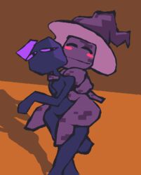  carrying_another clothing duo enderman fan_character female hat headgear headwear hi_res humanoid microsoft minecraft mojang mouthless orange_background piggyback purple_body purple_eyes riding_on_back short_stack simple_background slim square_(anatomy) tall thatguynamedjoe witch_hat xbox_game_studios 