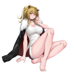  animal_ears arknights black_choker black_jacket blonde_hair blush breasts candy chinese_commentary choker cleavage commentary_request female food full_body fur-trimmed_jacket fur-trimmed_shorts fur_trim highres holding holding_candy holding_food holding_lollipop jacket large_breasts leather leather_jacket lion_ears lion_girl lollipop long_hair looking_at_viewer parted_lips partial_commentary red_shorts short_shorts shorts siege_(arknights) simple_background sitting solo studded_choker tank_top two-sided_fabric two-sided_jacket white_background white_tank_top yeklsa 