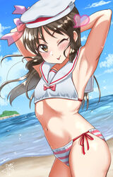  arm_behind_head armpits beach bikini blue_sky breasts brown_eyes brown_hair cloud commentary_request dated day dutch_angle female half_updo heart highres idolmaster idolmaster_cinderella_girls island jun_piro light_rays long_hair looking_at_viewer mismatched_bikini ocean one_eye_closed outdoors sailor_bikini sailor_collar side-tie_bikini_bottom signature sky small_breasts solo striped swimsuit tachibana_arisu tongue tongue_out white_bikini white_sailor_collar 