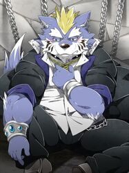  2017 anthro black_nose blue_body blush bottomwear canid canine canis chained chains clothing detailed_background fenrir_(tas) kemono lifewonders male mammal nikiciy pants shirt sitting solo tokyo_afterschool_summoners topwear white_body wolf 