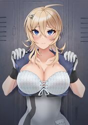  ahoge black_gloves blonde_hair blue_eyes blue_shirt blush bra breasts cleavage collarbone crossed_bangs female gloves hair_between_eyes hair_ornament hairclip highres kantai_collection large_breasts long_hair looking_at_viewer multicolored_clothes multicolored_gloves open_clothes open_shirt otobi shirt solo strapless strapless_bra tuscaloosa_(kancolle) underwear upper_body white_bra white_gloves 