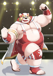  2021 absurd_res anthro aotoaka bear belly fighting_ring fur hi_res humanoid_hands inside kemono male mammal mask moobs nipples overweight overweight_male polar_bear solo ursine white_body white_fur wrestling_singlet 