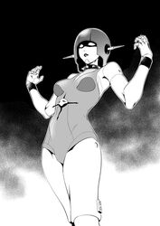  aoki_kanji breasts collar commentary_request female greyscale helmet joints leotard mannakka medium_breasts monochrome ougon_senshi_gold_lightan parted_lips robot robot_joints solo spiked_collar spikes wristband 