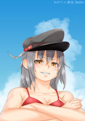  bikini blue_sky breasts brown_eyes cleavage cloud commentary_request crossed_arms dated day female from_below gangut_(kancolle) gangut_dva_(kancolle) grey_hair grin hat highres kantai_collection looking_at_viewer medium_breasts medium_hair oktyabrskaya_revolyutsiya_(kancolle) peaked_cap red_bikini scar scar_on_cheek scar_on_face sidelocks sky smile solo swimsuit takasugi_heppu twitter_username upper_body 