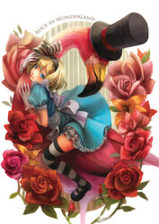  alice_(alice_in_wonderland) alice_in_wonderland apron bird blonde_hair blue_eyes bow commentary_request copyright_name dress female flamingo flower hairbow katekari_yuusuke lolita_fashion looking_at_viewer original photoshop_(medium) ribbon rose short_hair smile 