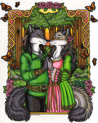  anthro art_nouveau arthropod butterfly canid canine canis clothed clothing duo female flower forest fully_clothed grass insects kalika-tybera lepidopteran male male/female mammal plant rock tree wolf 