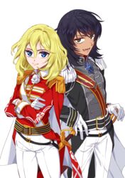  2girls aiguillette andou_(girls_und_panzer) andre_grandier andre_grandier_(cosplay) back-to-back bad_id bad_twitter_id belt black_belt black_cape black_hair black_jacket blonde_hair blue_eyes brown_eyes cape closed_mouth coattails commentary cosplay cowboy_shot crossed_arms dark-skinned_female dark_skin epaulettes flower girls_und_panzer gloves high_collar jacket long_sleeves looking_at_viewer medallion medium_hair messy_hair multiple_girls open_mouth oscar_francois_de_jarjayes oscar_francois_de_jarjayes_(cosplay) oshida_(girls_und_panzer) pants red_cape red_jacket rose saber_(weapon) sash scabbard sheath shutou_mq simple_background smile standing sword versailles_no_bara weapon white_background white_flower white_gloves white_pants white_rose 