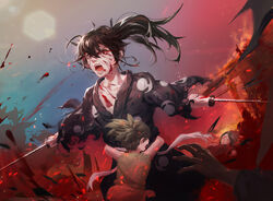  122999999999 1boy 2girls absurdres angry bandages black_hair brown_eyes commentary_request dororo_(character) dororo_(tezuka) hair_over_one_eye highres hyakkimaru_(dororo) japanese_clothes katana kimono long_hair mio_(dororo) multiple_girls open_mouth photoshop_(medium) ponytail prosthesis prosthetic_arm red_eyes screaming sheath short_hair spoilers sword weapon 