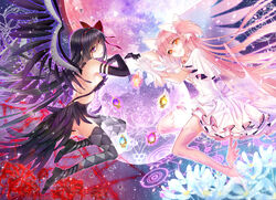  2girls akemi_homura akuma_homura backless_dress backless_outfit bare_back black_dress black_gloves black_hair black_thighhighs bow breasts checkered_clothes checkered_legwear chinese_commentary cleavage collar collarbone commentary_request dress elbow_gloves eyebrows gloves grin hair_ribbon hairbow kaname_madoka long_hair mahou_shoujo_madoka_magica mahou_shoujo_madoka_magica:_hangyaku_no_monogatari medium_breasts mixed-language_commentary multiple_girls orange_eyes photoshop_(medium) pink_hair pink_legwear purple_eyes red_bow red_ribbon ribbon sideboob small_breasts smile spinel_(9057) thighhighs ultimate_madoka white_dress white_gloves white_ribbon wings 