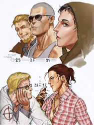  2girls 3boys arcade_gannon beard black_hair blonde_hair blue_eyes brown_eyes brown_hair cleavage closed_mouth courier_(fallout_new_vegas) craig_boone eye_contact facial_hair fallout fallout_new_vegas freckles glasses hood inujima looking_at_another looking_at_viewer multiple_boys multiple_girls necklace open_mouth profile rose_of_sharon_cassidy simple_background smile sunglasses tank_top veronica_santangelo white_background 