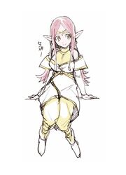  bidarian chronoa colored_skin dragon_ball dragon_ball_heroes dress earrings female highres jewelry long_hair pink_hair pink_skin pointy_ears potara_earrings sitting smile solo white_footwear yellow_dress yellow_eyes 