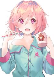  :o alternate_hairstyle artist_name blue_pajamas cameo commentary cup doki_doki_literature_club english_commentary eyes_visible_through_hair female hair_between_eyes hair_down hair_undone hands_up highres holding holding_cup holding_toothbrush looking_at_viewer monika_(doki_doki_literature_club) natsuki_(doki_doki_literature_club) oerba_yun_fang off_shoulder open_mouth pajamas pink_eyes pink_hair pun short_hair simple_background solo teeth toothbrush upper_body upper_teeth_only uwu white_background xhunzei 