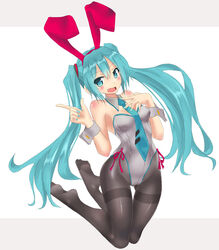  adapted_costume animal_ears aqua_eyes aqua_hair aqua_nails bare_shoulders black_pantyhose collar commentary_request fake_animal_ears female fingernails full_body hatsune_miku highres index_finger_raised leotard long_hair nail_polish necktie oerba_yun_fang open_mouth pantyhose playboy_bunny rabbit_ears simple_background solo thigh_gap thighband_pantyhose twintails very_long_hair vocaloid white_background wrist_cuffs zakuta 