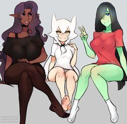  animal_humanoid barefoot black_hair blue_eyes breasts clothed clothing dark_body dark_skin elf eyelashes feet female footwear freckles gesture green_body green_skin group hair hair_over_eye hand_gesture humanoid humanoid_feet humanoid_pointy_ears juno_(bard-bot) legwear lips long_hair looking_at_viewer nina_(scas) one_eye_obstructed plantigrade purple_eyes scas shirt simple_background sitting socks stockings topwear v_sign vanessa_(liveforthefunk) white_hair yellow_eyes 